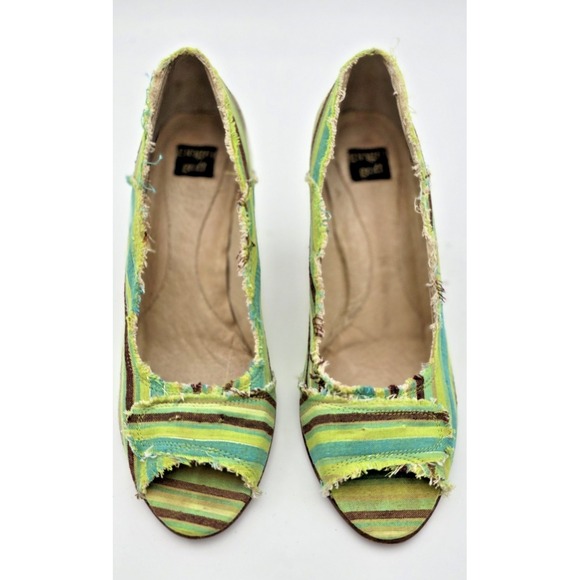 Ginger G Shoes - Ginger Goff Peep Toe Heels 7 Women's‎ Green Striped Frayed Wooden 3" Heels Boho
